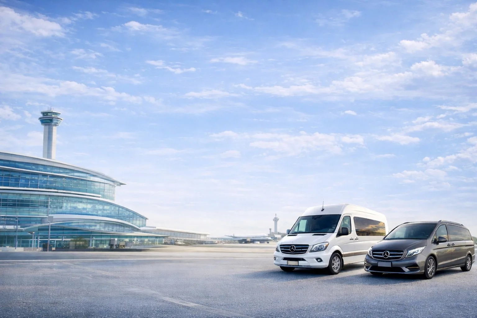 Two private transfer vans waiting outside an airport terminal